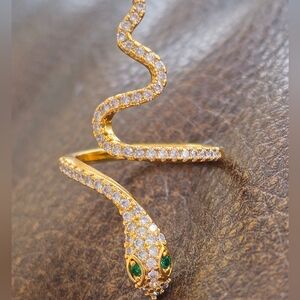 STAINLESS STEEL GOLD CRYSTAL DIAMOND EMERALD EYES CZ FULLY ADJUSABLE SNAKE RING